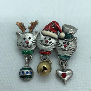 VTG AJMC 3 Cat Face Triple Feline Christmas Brooch